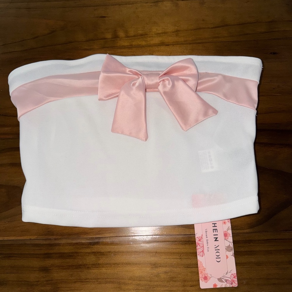 SHEIN White Strapless Bandeau with Pink Floral Tag